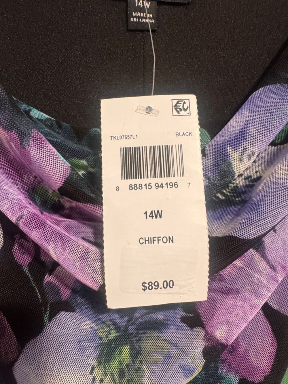 Floral Black & Purple Cowl Neck Dress 3/4 Sleeve Chiffon Size 14W - Picture 3 of 7